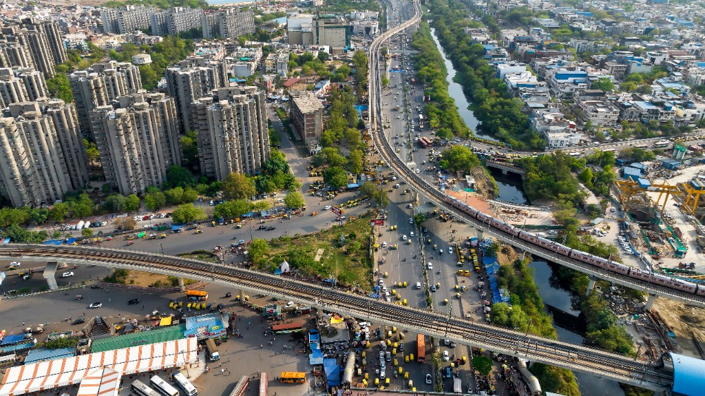 Aerial view of a connected city skyline